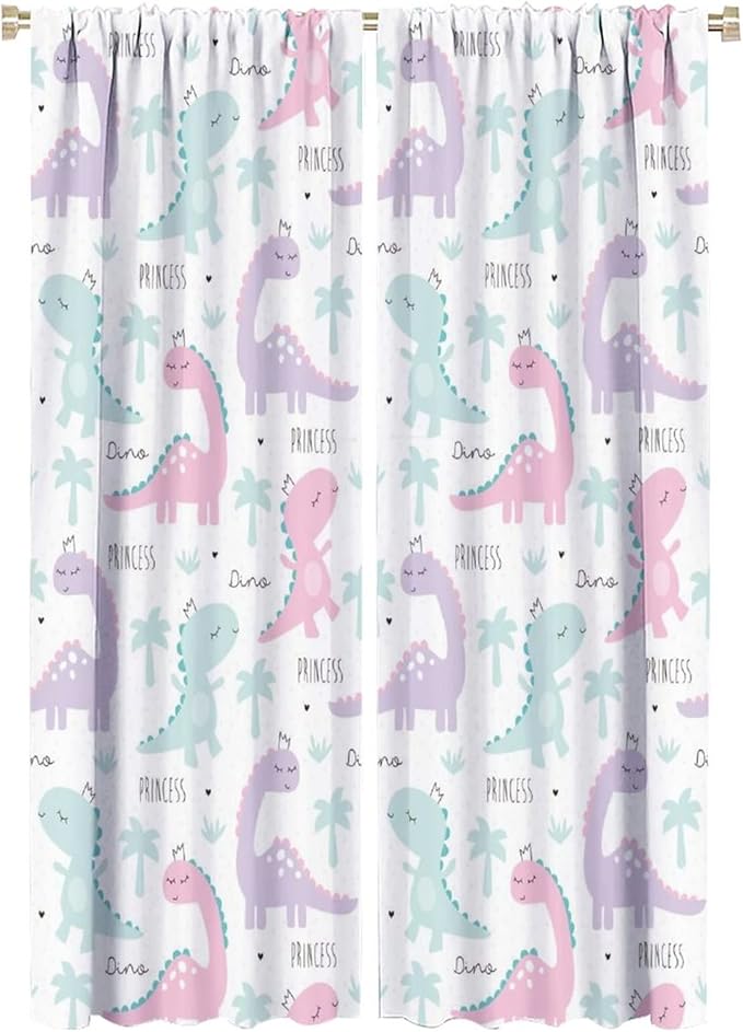 Kids Dinosaur Curtains for Boys Girls Bedroom Decor Cartoon Dino Colorful Cute Funny Animal Wildlife Printed Blackout Rod Pocket Window Drapes for Baby Nursery Playroom W21xL63in 2 Panels