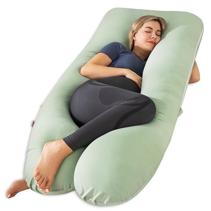 Meiz Pregnancy Pillow, U Shaped Pregnancy Pillows for Sleeping Cooling, 55 Inch Maternity Pillow for Pregnant Women, Body Pillows for Adults, Rayon Cover from Bamboo, Sage Green