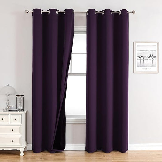 ChrisDowa 100% Blackout Curtains for Bedroom with Black Liner, 2 Thick Layers Total Blackout Thermal Insulated Grommet Window Curtains 2 Panels Set (Royal Purple, 42 x 84 Inch)