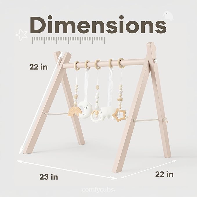 Comfy Cubs Wooden Baby Play Gym - Natural Finish Pinewood Baby Activity Gym with 5 Sensory Hanging Toys - Easy No-Tool Assembly, Safe and Durable for Infant Motor and Visual Development - Blush