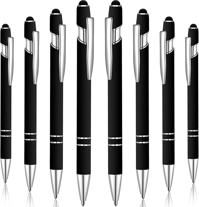 8 Pieces Ballpoint Pen with Stylus Tip Black Ink 2 in 1 Stylus Metal 1.0 mm Medium Point Smooth Pen Rainbow Colorful Rubberized Ballpoint for Touch Screen Tablet(Black)