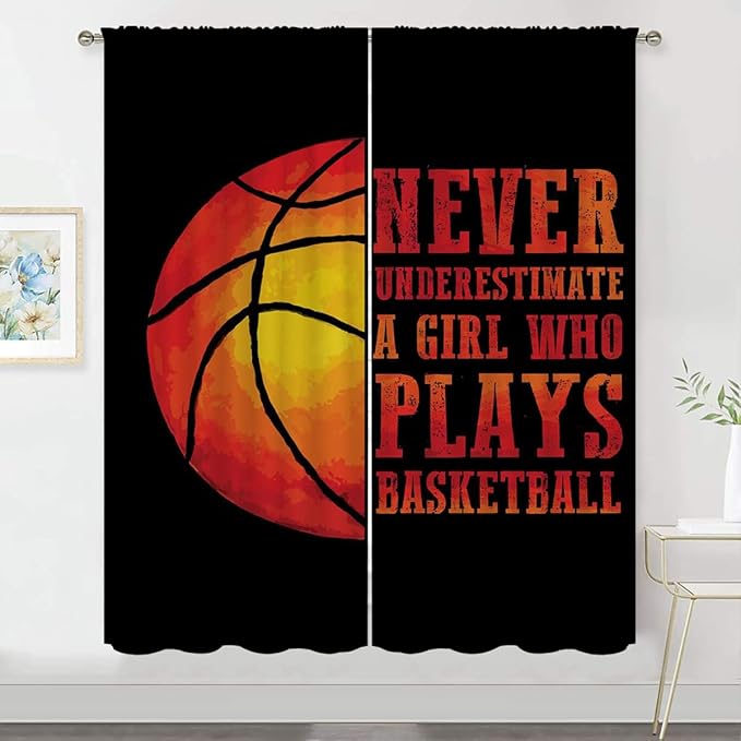 Red Basketball Blackout Curtains for Boy Girl Room Darkening Decor,Sport Theme and Motto Dark Background Bedroom Living Room Home Rod Pocket Thermal Insulated Window Curtain/Drapes Panel,72x63 Inch…