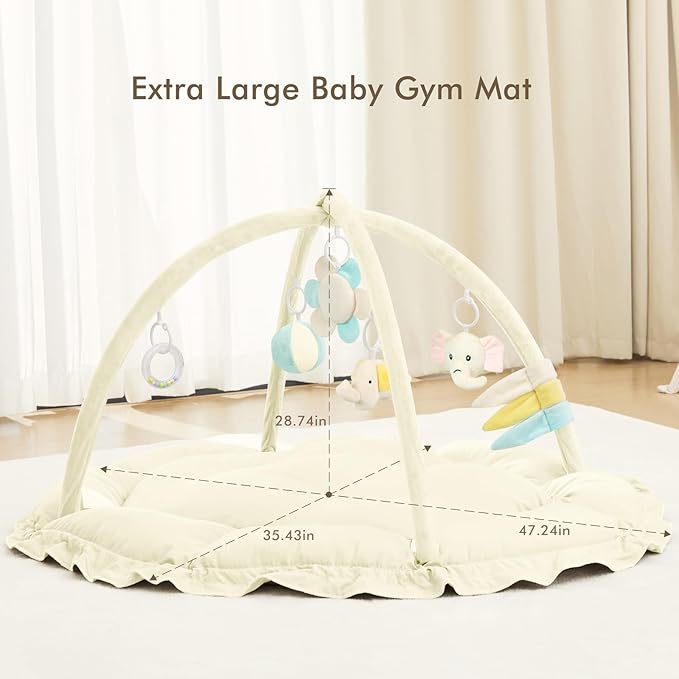 ANGELBLISS 5 in 1 Baby Play Gym Mat, Reversible Tummy Time Mat with 5 Sensory Toys for Stage-Based Developmental, Thick & Large Baby Activity Center from Newborn to Toddler (Beige)