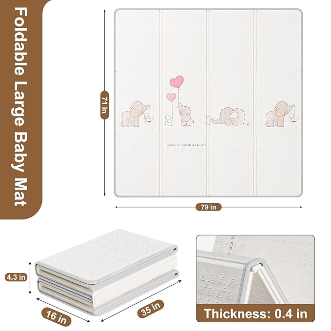 79x71 Baby Play Mat Foldable, Extra Large Foam Play Mat Tummy Time and Crawling Mat, Waterproof & Anti-Slip Reversible Portable Baby Floor Mat for Infant, Toddler