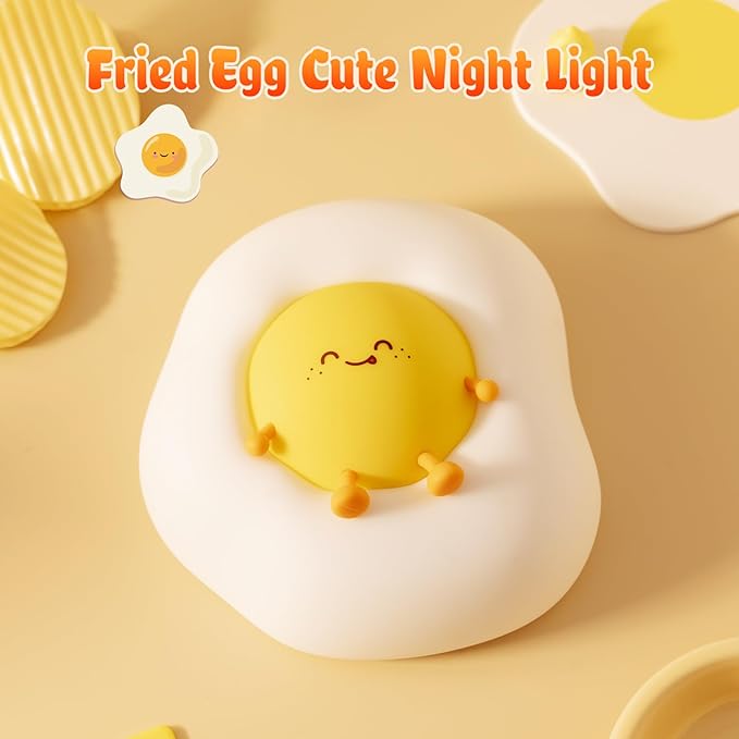 Fried Egg Night Light for Toddler, Kids, Baby, Nursery Warm Ambient Lamp for Snoothing, Sleeping Companion, Auto Off 30Min Timer, Rechargeable Battry Cordless, Soft Silicone Skin