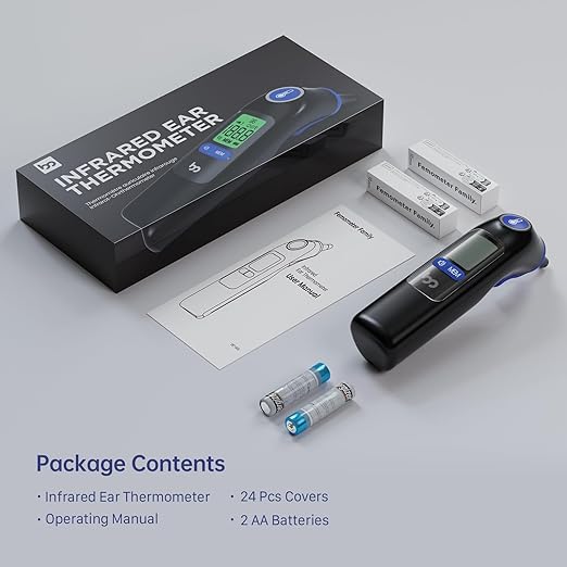 Ear Thermometer, Highly Accurate Ear Thermometer for Kids, Adults and Babies, 30 Memory Recall, 1s Result and 3-Color Fever Alert, with 24 Disposable Probe Covers, Blue