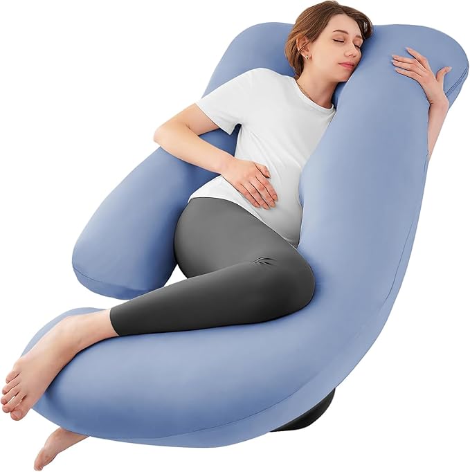 Sasttie Pregnancy Pillows for Sleeping, Jumbo U Shaped Cooling Full Body Pillow with Removable Cover, Pregnant Women Must Haves, Maternity Essential, Blue