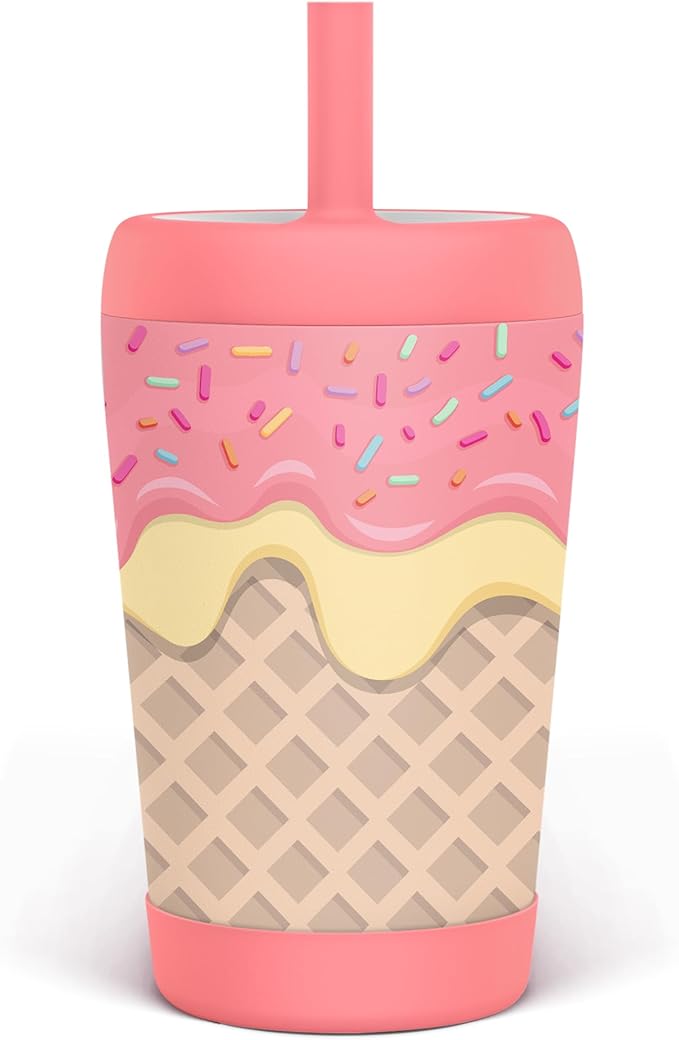 Kid Insulated Stainless Steel Tumbler with Silicone Straw, 12oz Sippy Cup for Kids (Sweet Ice Cream)