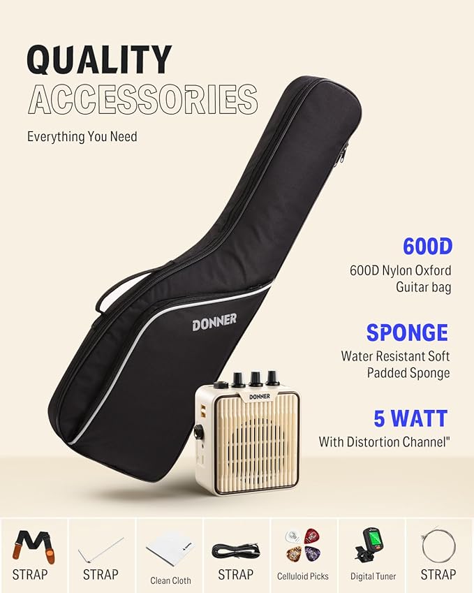 Donner 30 Inch Junior Electric Guitar Beginner Kit ST Style Mini Electric Guitar Starter Package for Teens with Amp, 600D Bag, Tuner, Picks, Cable, Strap, Extra Strings DSJ-100