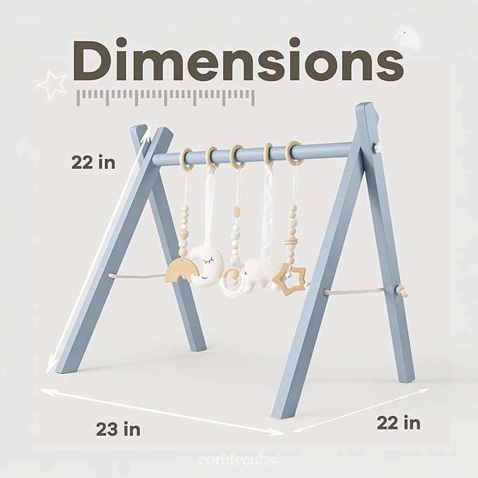 Comfy Cubs Wooden Baby Play Gym - Natural Finish Pinewood Baby Activity Gym with 5 Sensory Hanging Toys - Easy No-Tool Assembly, Safe and Durable for Infant Motor and Visual Development - Pacific Blue