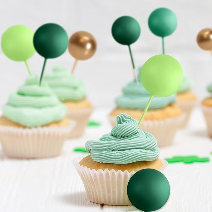 75 Pieces Cake Balls Topper Decorations Foam Cupcake Topper Mini Balloon Balls Cake Picks for Deco Birthday Party Wedding（Green Gold Series）