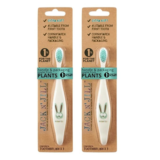 Jack N' Jill Kids Toothbrush - Extra Soft Bristle Toothbrush for Kids, Handle & Packaging Made from Plants (Corn), Ergonomic Handle for Little Hands - Bunny Baby (2 Pack)
