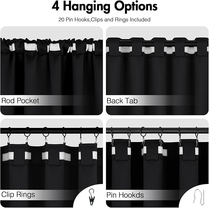 ANRODUO Back Tab Blackout Curtains for Bedroom Living Room, Rod Pocket Pinch Pleated Thermal Insulated Room Darkening Curtains 84 Inches Long 2 Panels, Black, 52 x 84 Inch