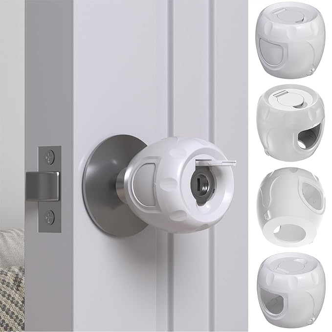 Innovative Door Knob Safety Cover for Kids (4 Pack) New Hidden Holes Covers and Lockable Design Babyproof Door knob Handle Cover - No Screwdriver or Tools Needs