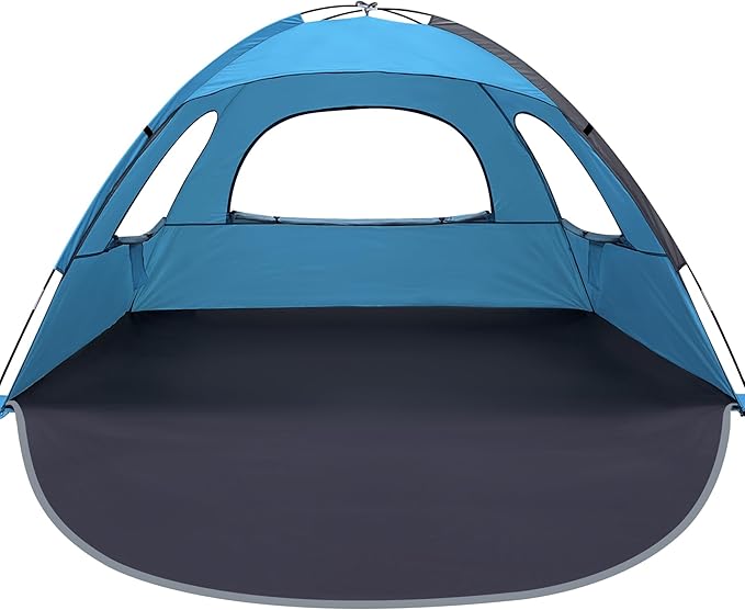WhiteFang Beach Tent Anti-UV Portable Sun Shade Shelter for 3/4/6/8 Person, Extendable Floor with 3 Ventilating Mesh Windows Plus Carrying Bag, Stakes and Guy Lines
