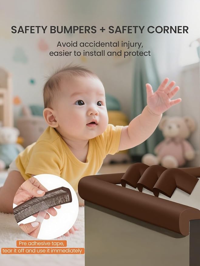 Baby Proof Edge Corner Protector, 6.56FT 0.47''Th L-Shape Furniture Corner & Edge Safety Bumpers with 6 Corners, Pre-Taped, Soft NBR Rubber Foam Desk Edge Cushion Wall Corner Protector（Coffee）