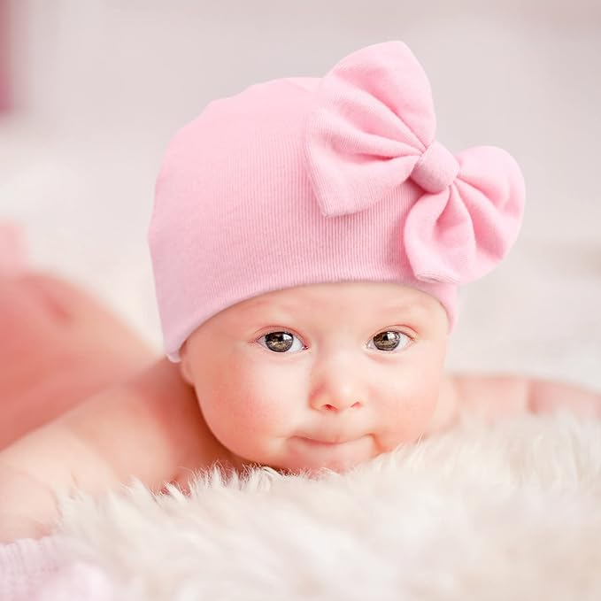 BQUBO Newborn Baby Hats Mittens Set Hospital Hat Beanie Infant Bow Hats Baby Gloves No Scratch Mittens for 0-6 Months