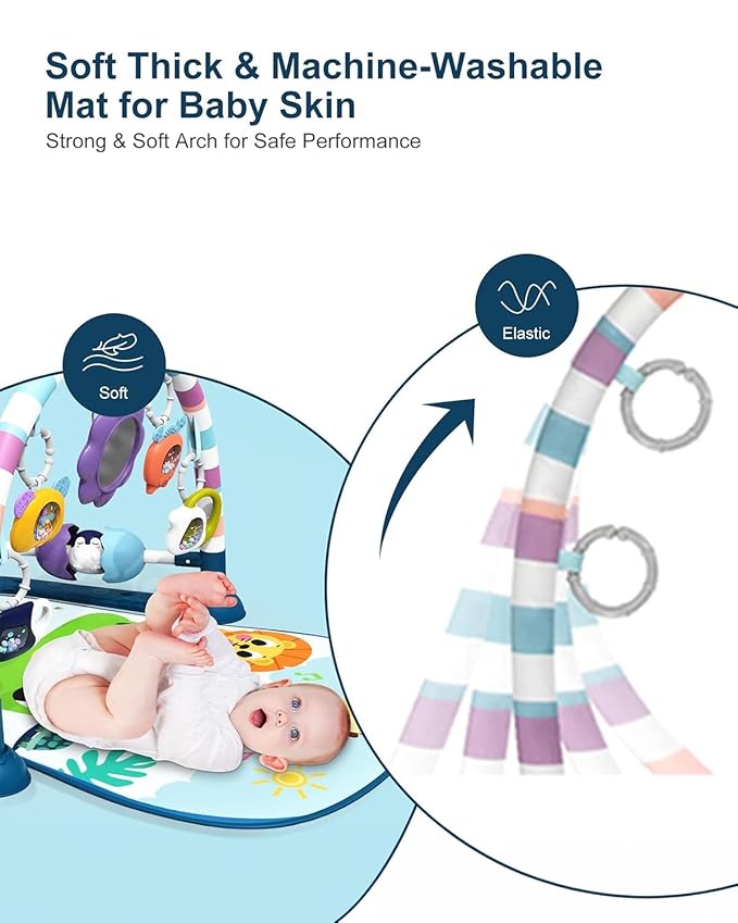 dearlomum Baby Play Mat Baby Gym,Funny Play Piano Tummy Time Baby Activity Mat with 5 Infant Sensory Baby Toys, Music and Lights Boy & Girl Gifts for Newborn Baby 0 to 3 6 9 12 Months（New Blue）