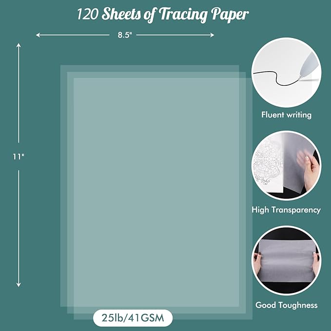 120 Sheets 8.5”x 11” Tracing Paper for Drawing Pad Book Sketchbook Coloring Painting, 25 lb/41gsm, Loose Translucent Vellum Paper Trace Tracing Paper for Sketching, Overlaying