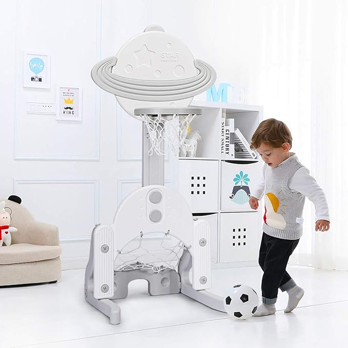 Costzon Kids Basketball Hoop, Toddler Sports Activity Center with 5 Adjustable Height Levels, Basketball Soccer Golf Game Set, Indoor Outdoor Basketball Hoop Set Best Gift for Baby Infant