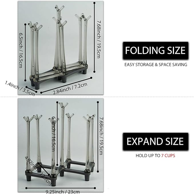 2 Pcs Cup Drying Racks Set, Retractable Drinking Glass & Baby Bottle Drainer Stand, PP Material Mug Draining Organizer, Kitchen Countertop Dishes Holder, Gray