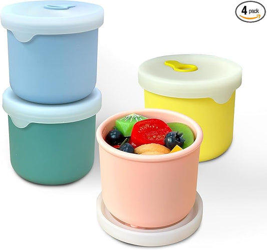 8.5 OZ Silicone Food Storage Containers, Baby Food Storage Jars with Airtight Lids and Snack Cup Lid, Freezer, Microwave and Dishwasher Safe, Reusable Snack Containers for Kids, Infant, Toddler, 4 Pcs
