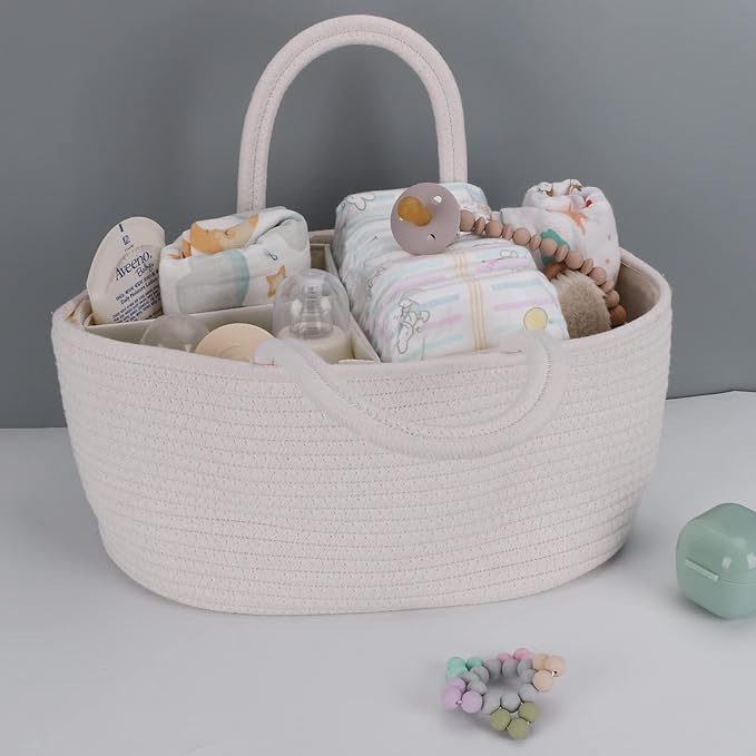 Baby Diaper Caddy Organizer for Girl Boy Cotton Rope Nursery Storage Bin Basket Portable Holder Tote Bag for Changing Table Car Travel Baby Shower Gifts Newborn Essentials Registry Must Haves White