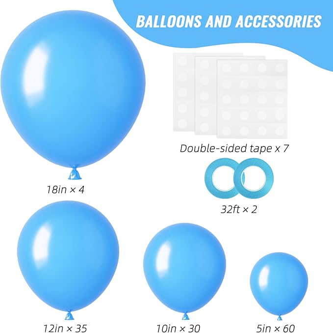 RUBFAC 129pcs Light Blue Balloons Different Sizes 18 12 10 5 Inch for Garland Arch, Sky Blue Balloons for Birthday Gender Reveal Baby Shower Party Decoration