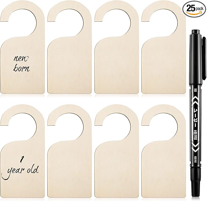 Patelai 25 Pieces Blank Wooden Clothing Rack Divider Closet Blank Organizers Hanger Separators Hanging Closet Divider with Marker Pen for Home Nursery Clothes