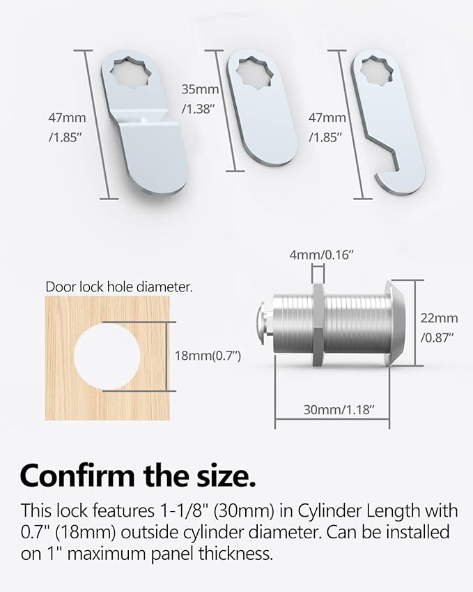 8 Packs Drawer and Cabinet Locks (Keyed Different) Secure Important Files, 1-1/8Inch 30mm Cam Locks with 3 pcs Different Lock Plates for Cabinet Cupboard File Drawer Mailbox Dresser Kitchen