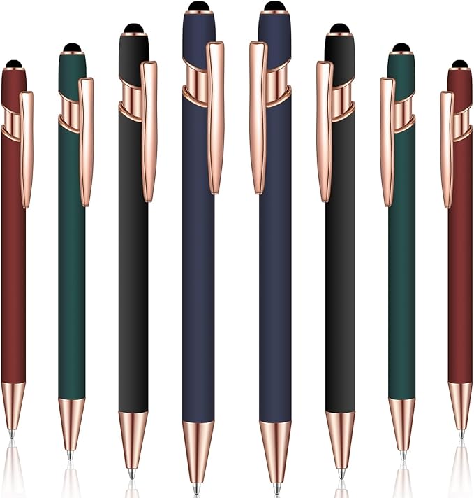 8 Pieces Ballpoint Pen with Stylus Tip Black Ink 2 in 1 Stylus Metal 1.0 mm Medium Point Smooth Pen Rainbow Colorful Rubberized Ballpoint for Touch Screen Tablet(Red, Green, Navy, Black)