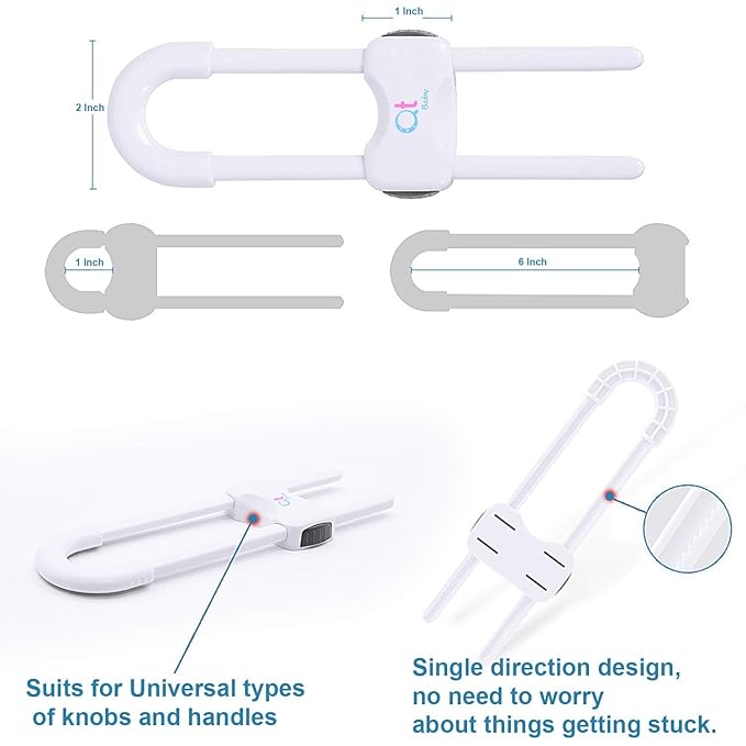Baby Proofing Cabinet Locks | Adjustable U Shaped Baby Safety Latches for Drawers, Fridge, Closet |Modern Baby Proofing Cabinet Lock with Extra Secure Lock Buttons (Pack of 4, White)