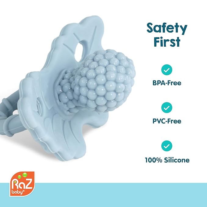 RaZbaby RaZberry Silicone Teether Pacifier – Teething Relief for Infants, Food-Grade, BPA-Free, Hands-Free, Natural Berrybumps Fruit Texture for Sensory Development, Freezable, 2-Pack - Black & White
