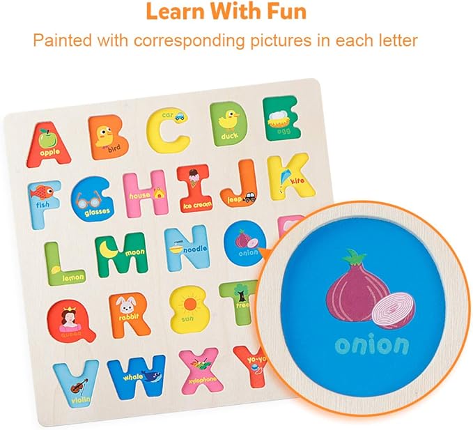 Coogam Wooden Alphabet Puzzle – ABC Letters Sorting Board Blocks Montessori Matching Game Jigsaw Educational Early Learning Toy Gift for Preschool Year Old Kids