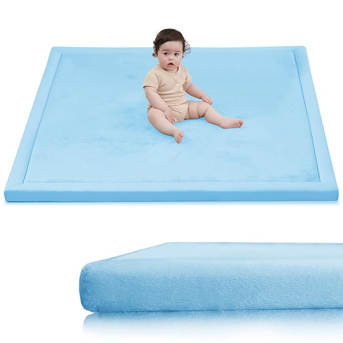 Baby Play Mat for Floor,1.3" Thick Elasti-Foam 50x50 Playpen Mat for Toddlers Infant kids,Water-Repellent Soft Coral Velvet for Tummy Time,Non-Slip Backing for Crawling,Tatami Style(Light Blue)