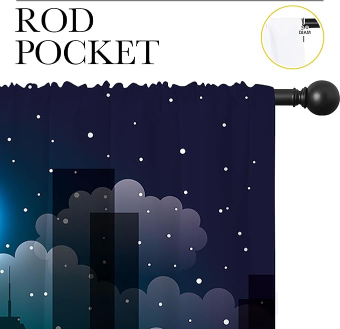 Superhero Rod Pocket Blackout Curtains for Boy Girl Bedroom, Violet Night Sky Buildings Cityscape Thermal Insulated Home Window Drapes for Living Room Darkening, 84x72 inch