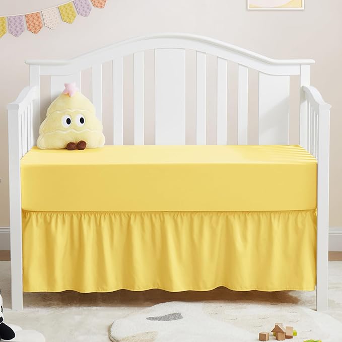Horbaunal 2 Pack Set Crib Skirt & Crib Bed Sheet, Yellow Crib Bed Skirt 28" x 52" with 14" Drop Dust Ruffle, Soft Microfiber Toddler Bedskirt Nursery Bedding Skirt for Baby Girls and Boys