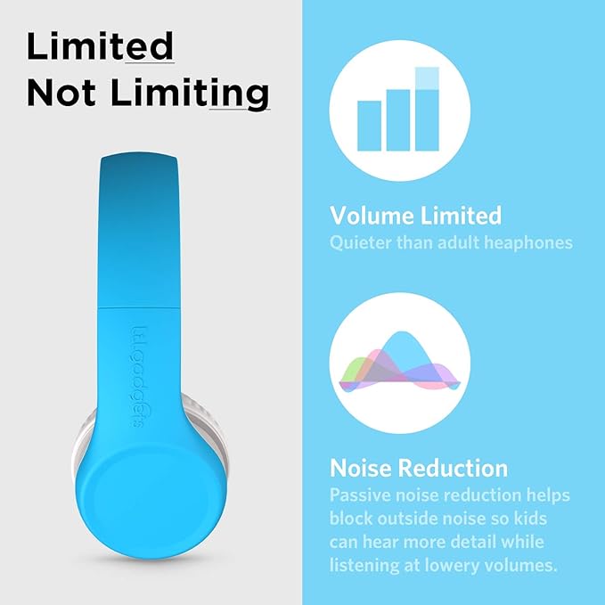 LilGadgets Connect+ Wired Kids Headphones for School with Mic, Volume Limited & Noise Reduction, On-Ear Headset with Cord, SharePort Technology for Multiple Kids & SoftTouch Padding, Blue