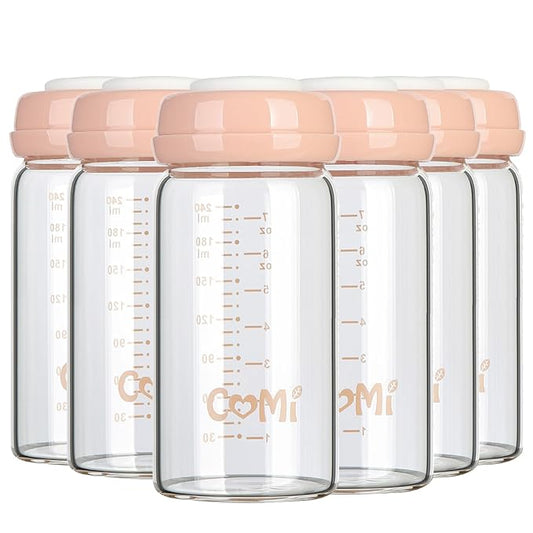 COMI Wide Neck Glass Breastmilk Collection n Storage Bottle, 8oz with Screw Ring Sealing Disk; Re-markable Sealing Disc. BPA Free, Fits Breast Pumps & Nipples (6 Pink Lids)