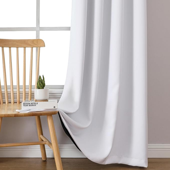 ChrisDowa White 100% Blackout Curtains 90 inch Long for Bedroom with Black Liner, 2 Thick Layers Total Blackout Thermal Insulated Grommet Long Window Curtains 2 Panels Set (Pure White, 52 x 90 Inch)