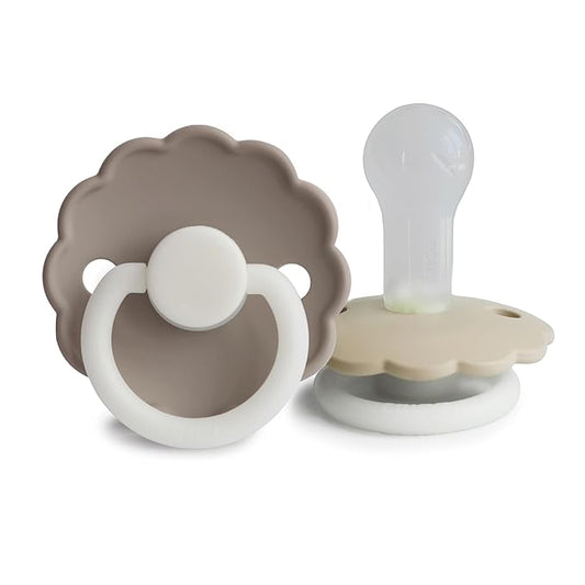 FRIGG Daisy Night SilkySoft Silicone Baby Pacifier | Made in Denmark | BPA-Free (Portobello/Croissant, 6-18 Months)