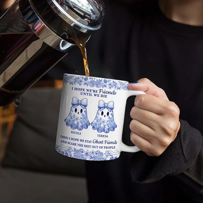 Personalized Mug - Trendy France-China Inspired Design - Fun Gift for Best Friends, Halloween Coffee Tea Cup - Cute Ghost Bestie Friends Until We Die Toile De Jouy Pattern
