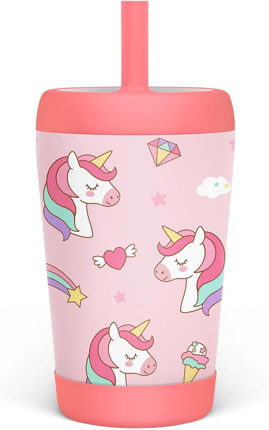 Kid Insulated Stainless Steel Tumbler with Silicone Straw, 12oz Sippy Cup for Kids (Dreamy Unicorn)