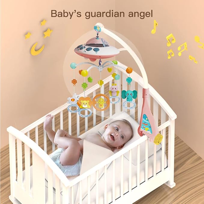 Baby Musical Crib Mobile with Night Lights and Relaxing Music,Hanging Rotating Animals Rattles,Stars Projection,Remote Control,for Boy Girl Newborn Baby Toys（Pink）