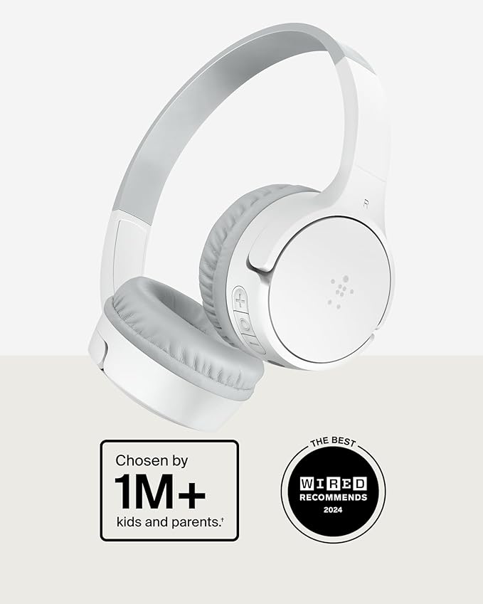 Belkin SoundForm Mini Kids Wireless Headphones w/Built-in Microphone, 30H of Playback Time, Fun Stickers, & Case - Over-Ear Headsets for Online Learning, School, iPhone, iPad, Galaxy, & More - White