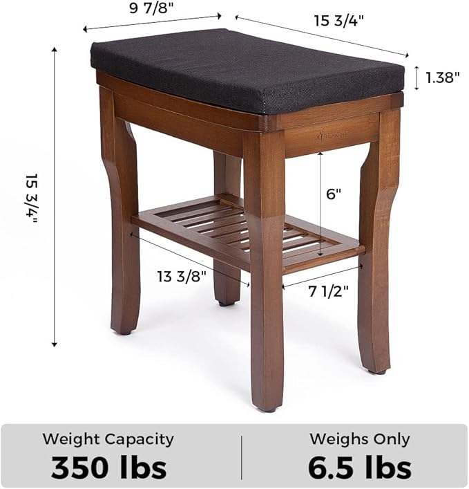 StrongTek Bamboo Shower Bench Seat with Cushion, Shower Stool with Storage Shelf, Lightweight, Non-Slip, Quick-Drain Design, 350 lbs Capacity, Ideal for Bathroom, Spa, Sauna, Living Room