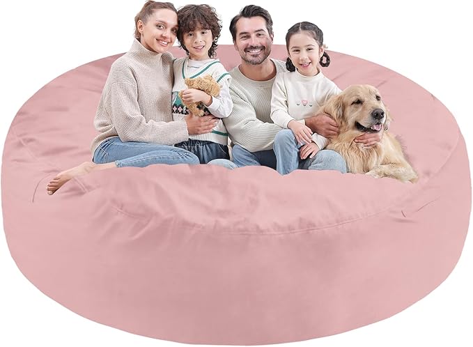 7FT Bean Bag Chair, Large Bean Bag Chairs with Memory Foam Filled, Fluffy Beanbag Sofa with Dutch Velvet Cover, Round BeanBag Chairs for Living Room, Playroom - Light Pink