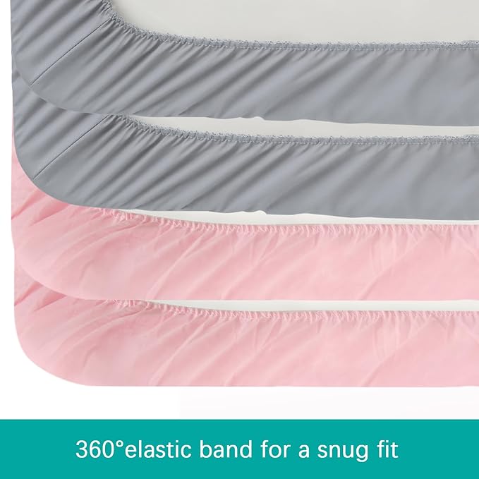 4-Pack Fitted Pack and Play Sheets for Boys and Girls - Breathable, Soft Microfiber Baby Sheets in Grey and Pink