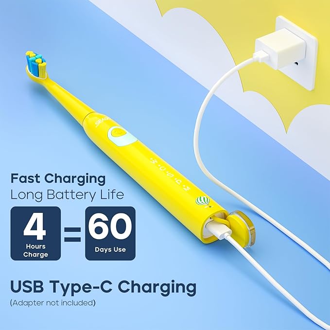 SEAGO Kids Electric Toothbrush, Rechargeable Sonic Soft Bristle Toothbrushes with 8 Brush Heads, DIY Stickers and 5 Modes, Ideal for Kids and Children, Ages 3–12,SG2303(Yellow)