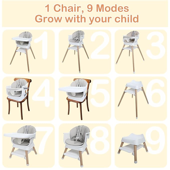 9 in 1 Convertible Baby High Chair with Booster, Wooden Highchair for Babies and Toddlers with Adjustable Tray & 5-Point Harness, Multi-Functional Growing Seat for Feeding, Learning & Play, Gray